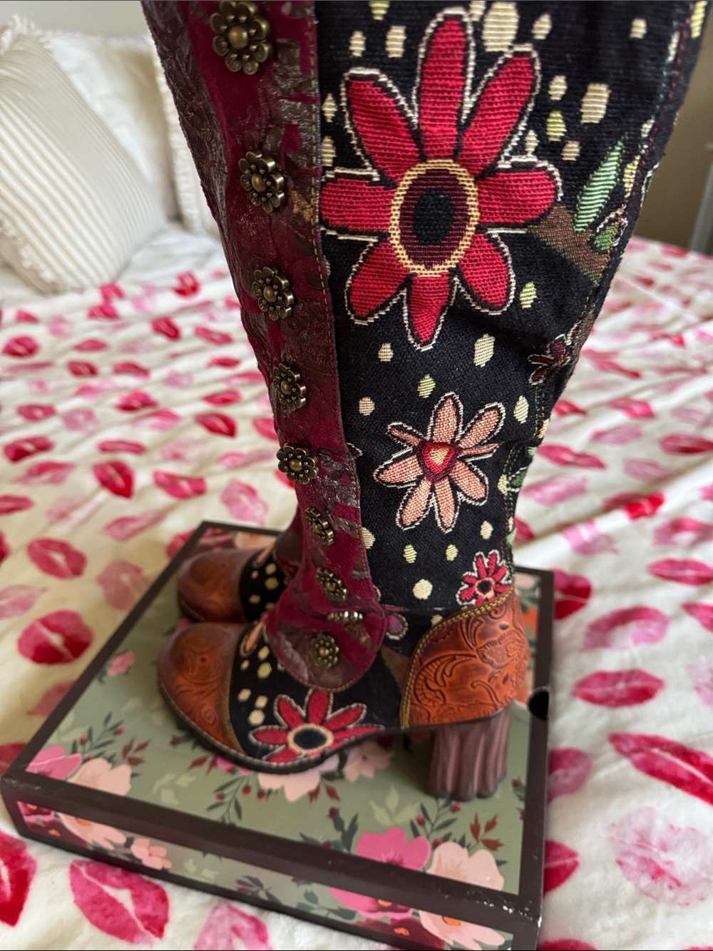 Boho Floral Embroidered Knee-High Boots in Black and Red. US size 7.5-8